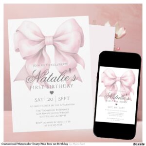 Customized Watercolor Dusty Pink Bow 1st Birthday Invitation