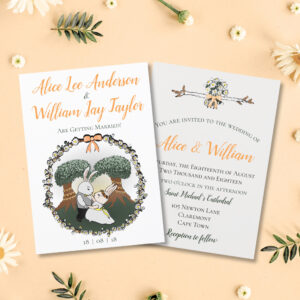 Cute and Rustic Illustrated Bunny Rabbit Wedding Invitation
