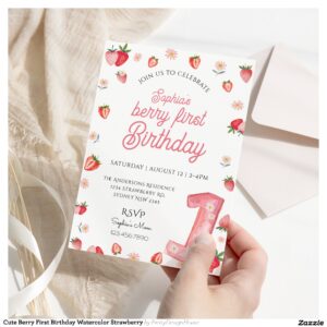 Cute Berry First Birthday Watercolor Strawberry Invitation