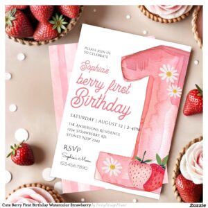 Cute Berry First Birthday Watercolor Strawberry Invitation