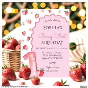 Cute Berry Wavy First 1st Birthday Invitation
