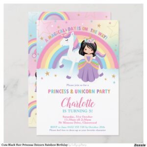 Cute Black Hair Princess Unicorn Rainbow Birthday Invitation