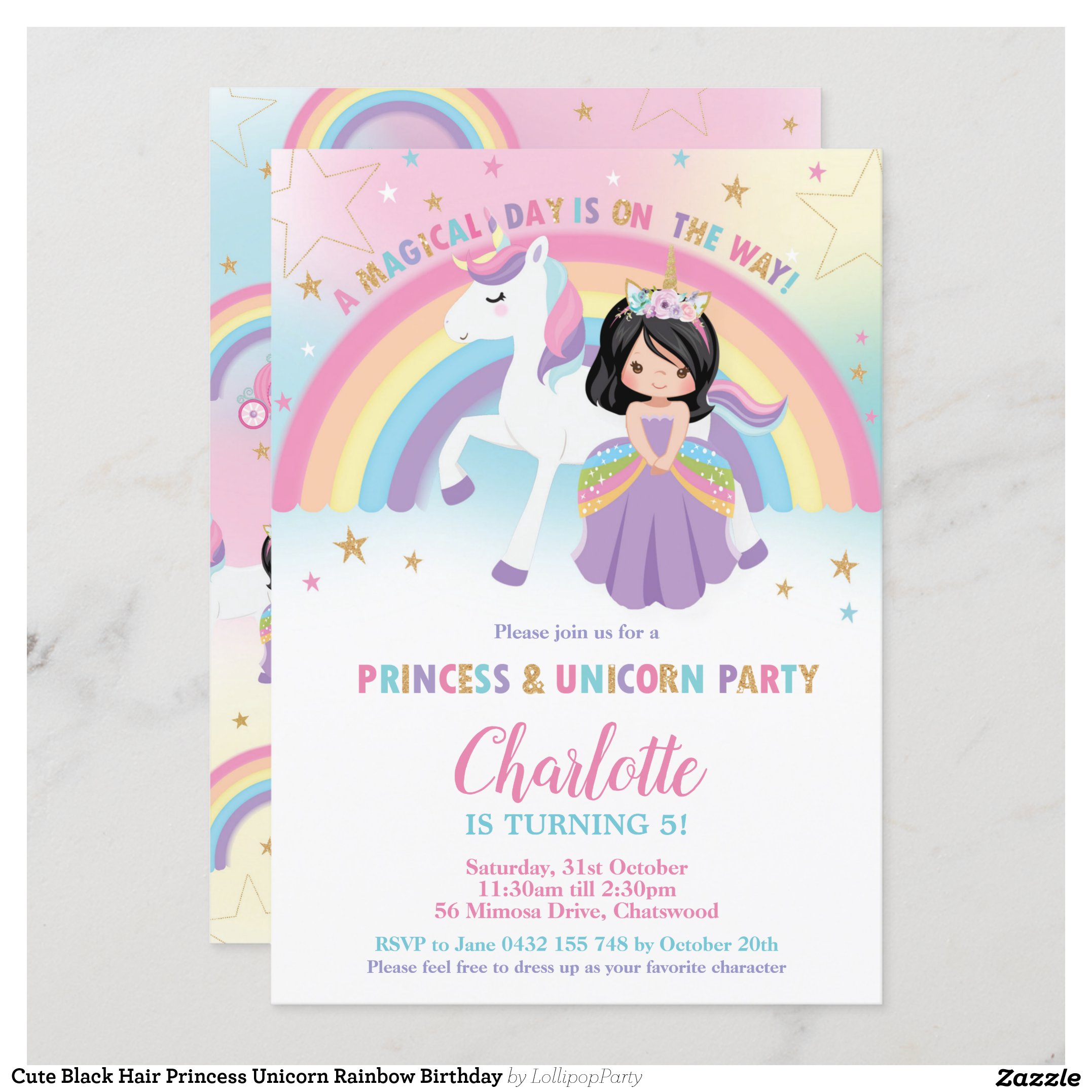 Cute Black Hair Princess Unicorn Rainbow Birthday Invitation