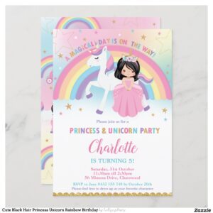 Cute Black Hair Princess Unicorn Rainbow Birthday Invitation