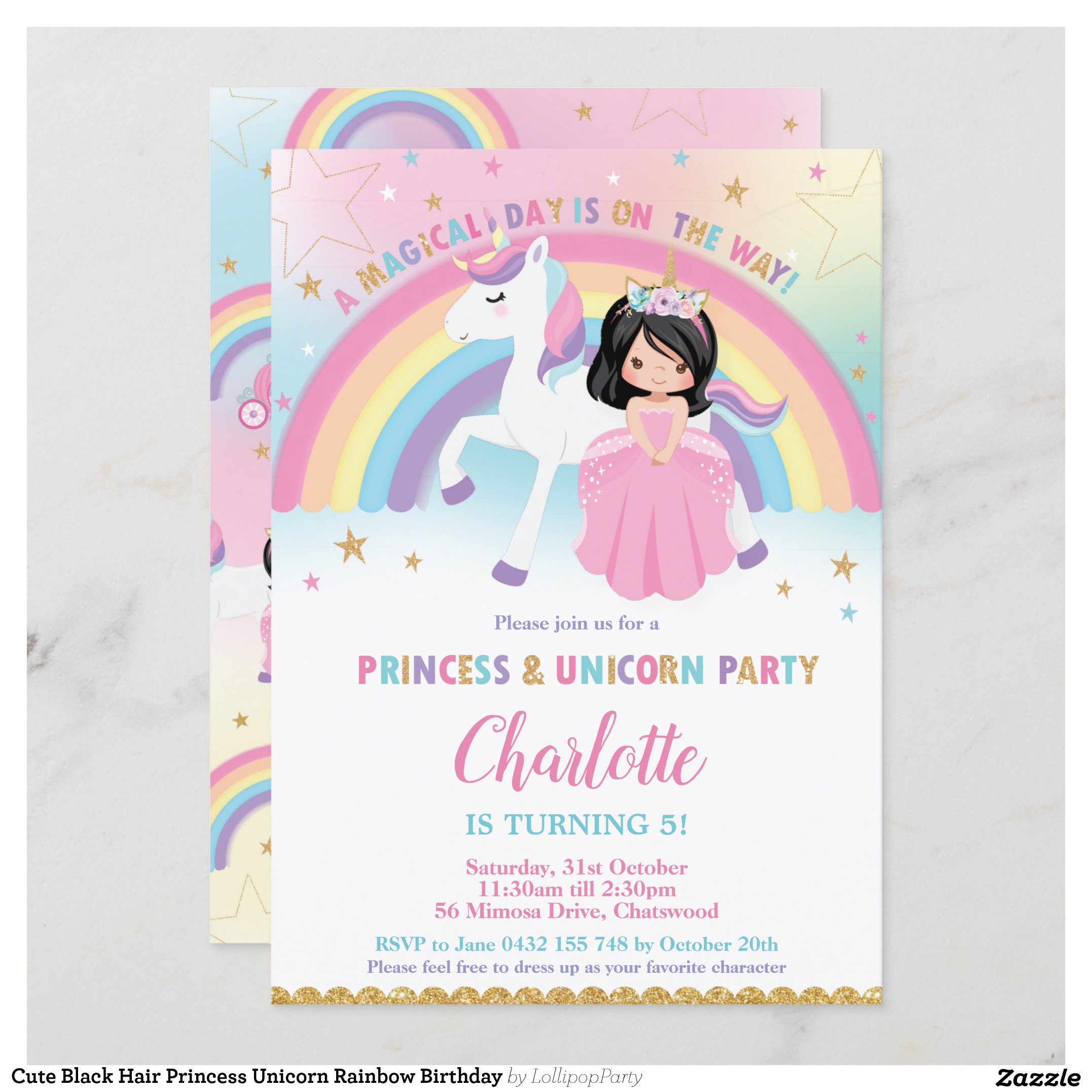 Cute Black Hair Princess Unicorn Rainbow Birthday Invitation