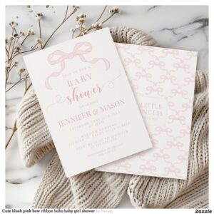 Cute blush pink bow ribbon boho baby girl shower invitation
