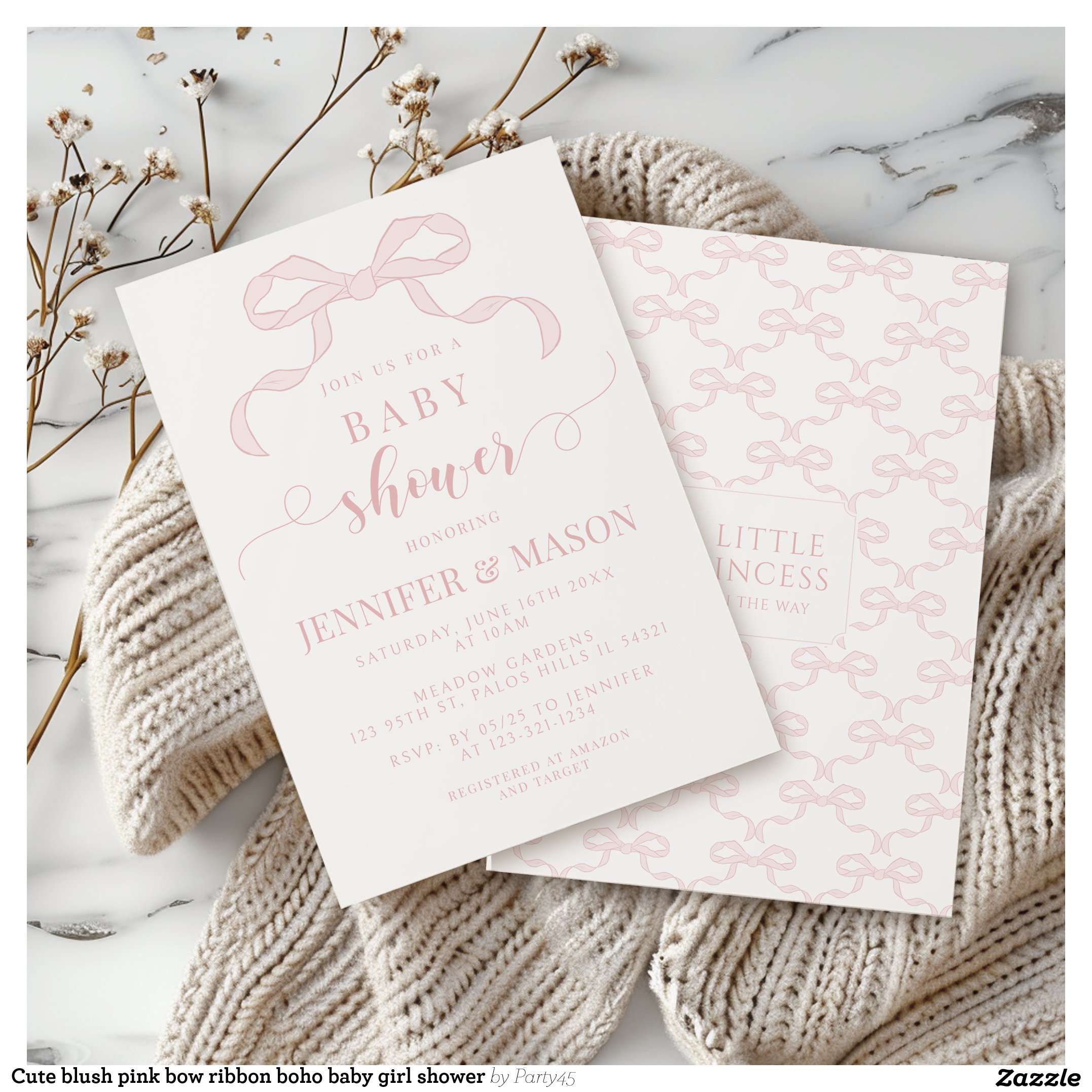 Cute blush pink bow ribbon boho baby girl shower invitation