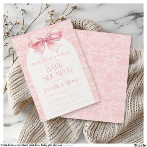 Cute boho chic blush pink bow baby girl shower invitation