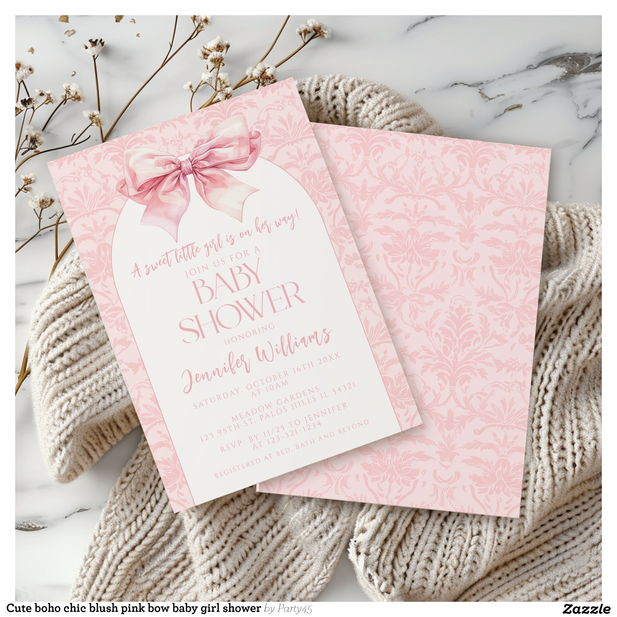 Cute boho chic blush pink bow baby girl shower invitation