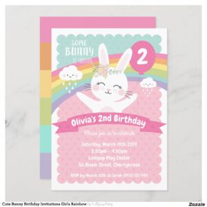Cute Bunny Birthday Invitations Girls Rainbow
