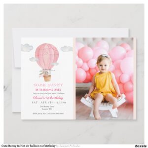 Cute Bunny in Hot air balloon 1st birthday Invitation