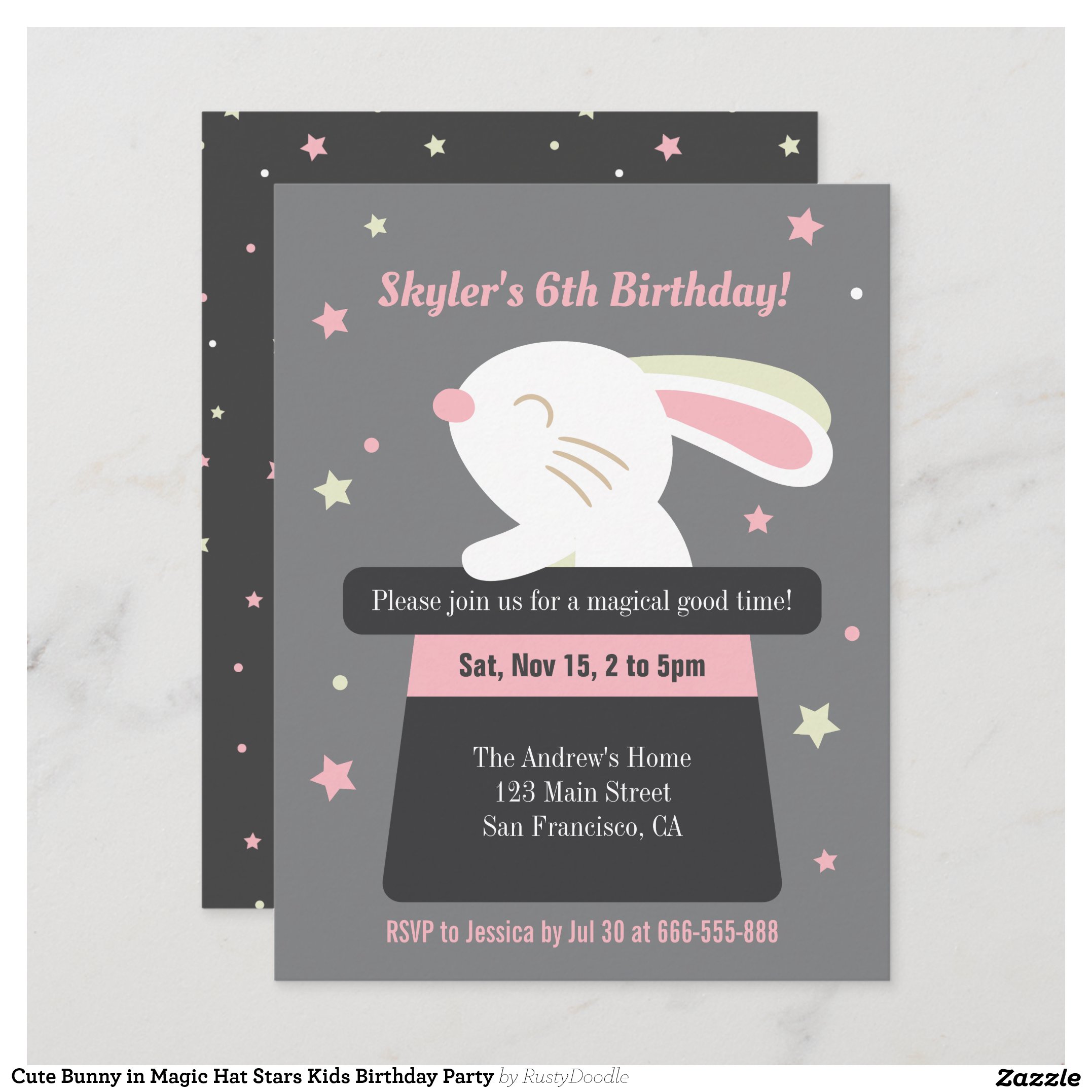 Cute Bunny in Magic Hat Stars Kids Birthday Party Invitation