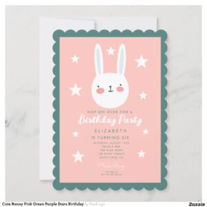 Cute Bunny Pink Green Purple Stars Birthday Invitation