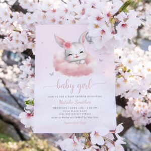 Cute Bunny Pink Watercolor Boho Girl Baby Shower Invitation