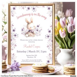 Cute Bunny Purple Pink Floral Girl Baby Shower Invitation
