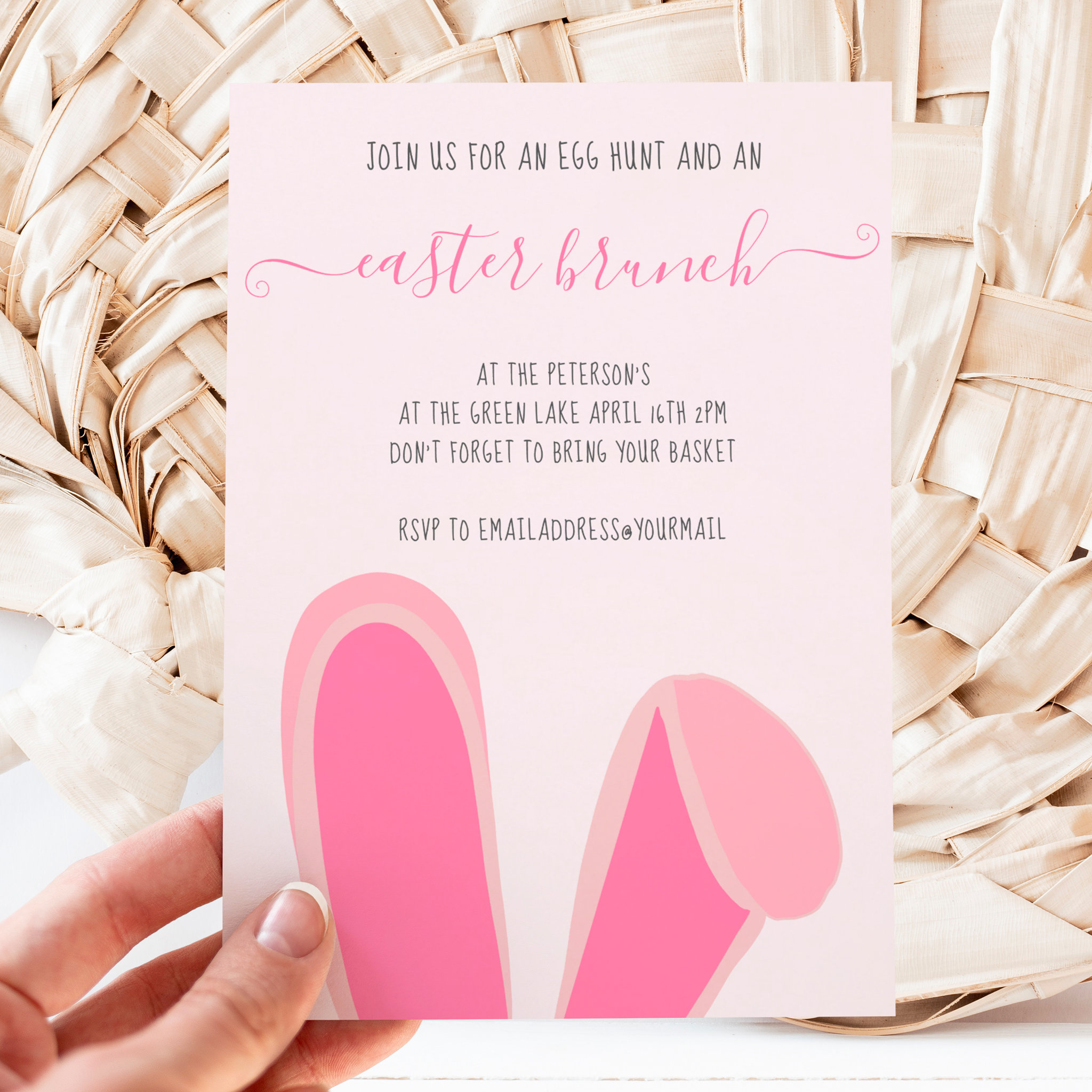 Cute bunny rabbit ears pink easter brunch egg hunt invitation