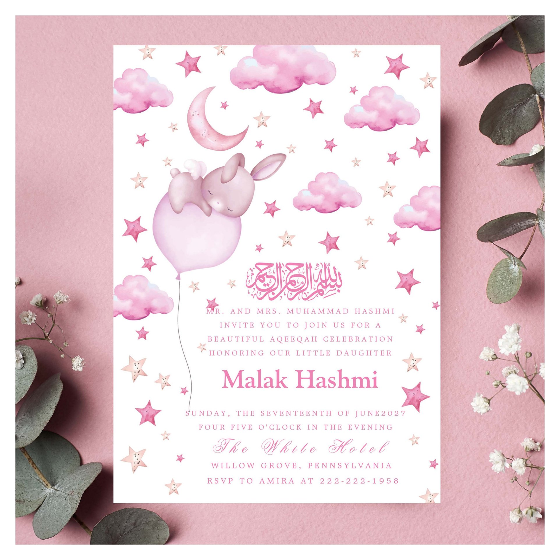 Cute Bunny & Star Baby Girl Islamic Aqiqa Aqeeqa Invitation