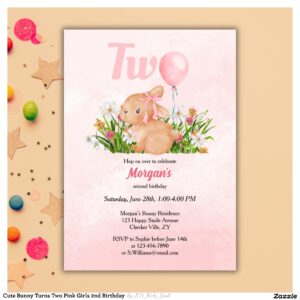 Cute Bunny Turns Two Pink Girls 2nd Birthday Invitation