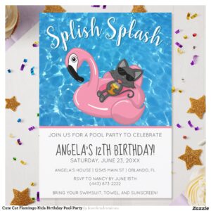 Cute Cat Flamingo Kids Birthday Pool Party Invitation