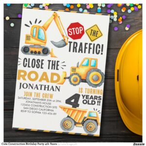 Cute Construction Birthday Party 4th Years Invitation