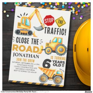 Cute Construction Birthday Party 6th Years Invitation