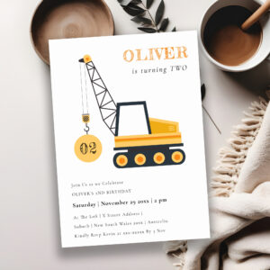 Cute Construction Crane Vehicle Any Age Birthday Invitation