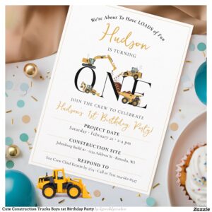 Cute Construction Trucks Boys 1st Birthday Party Invitation