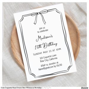 Cute Coquette Hand Drawn Bow Whimsical Birthday Invitation
