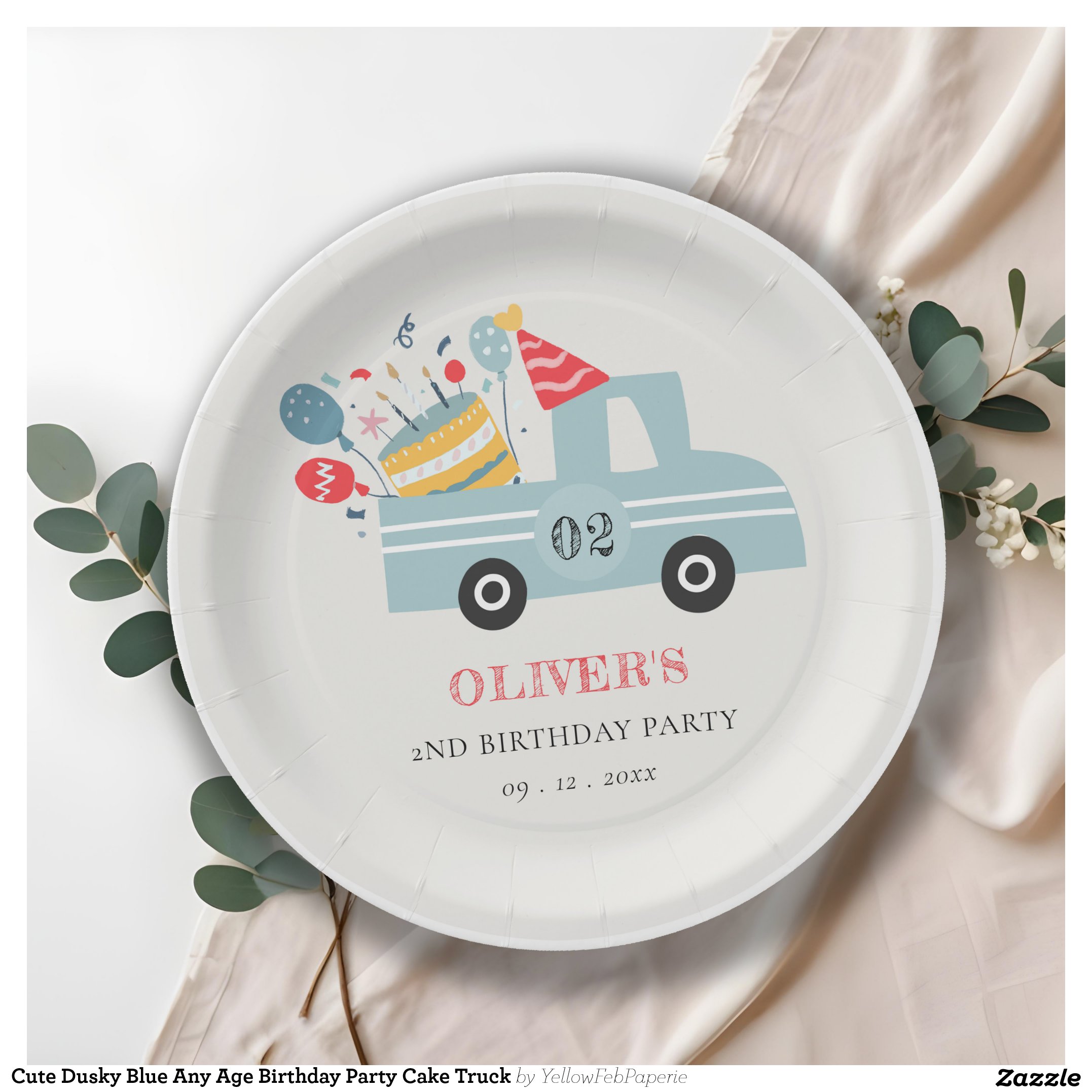 Cute Dusky Blue Any Age Birthday Party Cake Truck Paper Plates