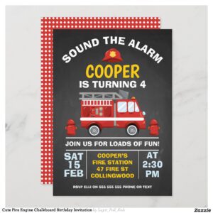 Cute Fire Engine Chalkboard Birthday Invitation