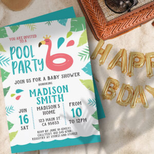 Cute Flamingo Tropical Pool Party Baby Shower Invitation