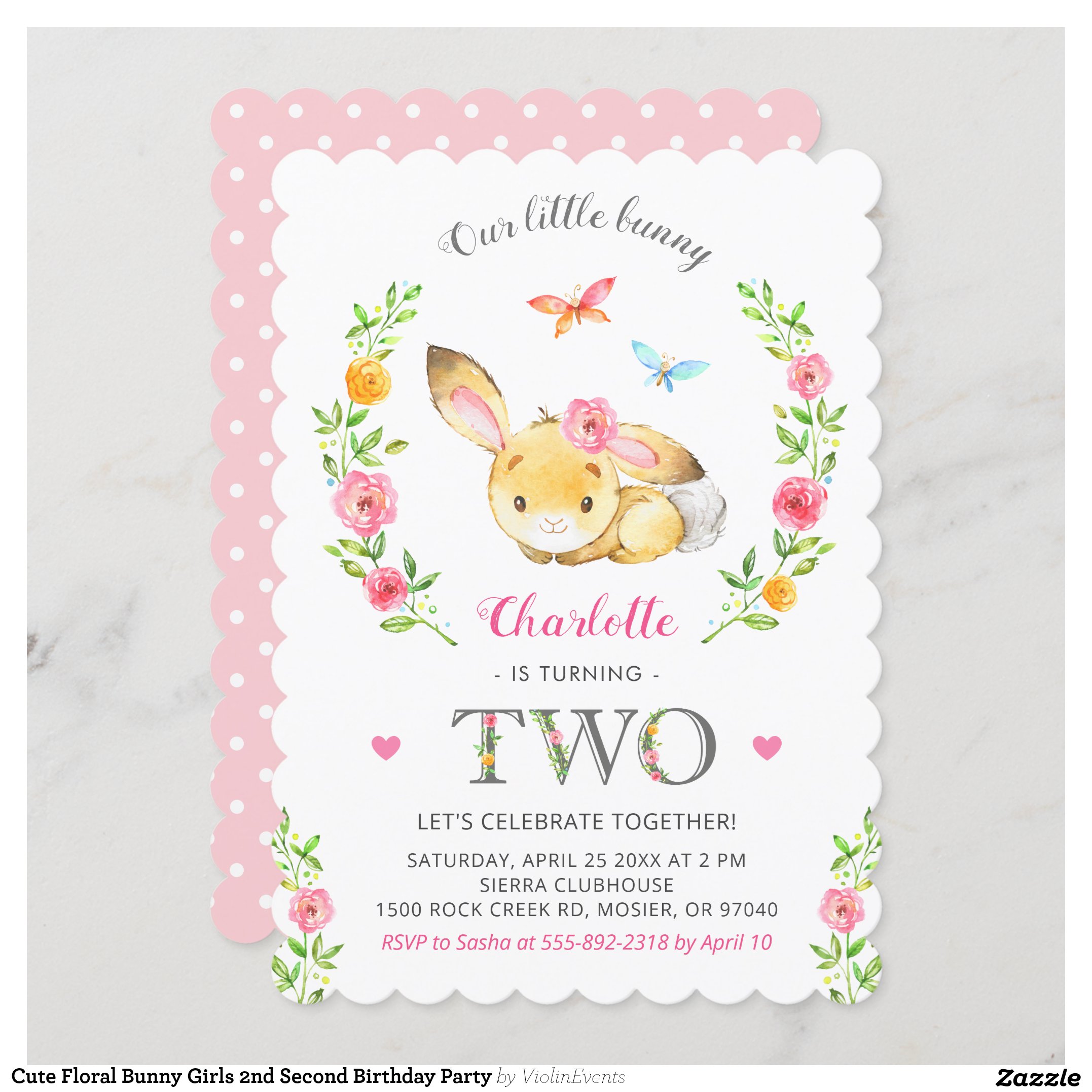 Cute Floral Bunny Girls 2nd Second Birthday Party Invitation