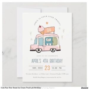 Cute Four Ever Sweet Ice Cream Truck 4th Birthday Invitation