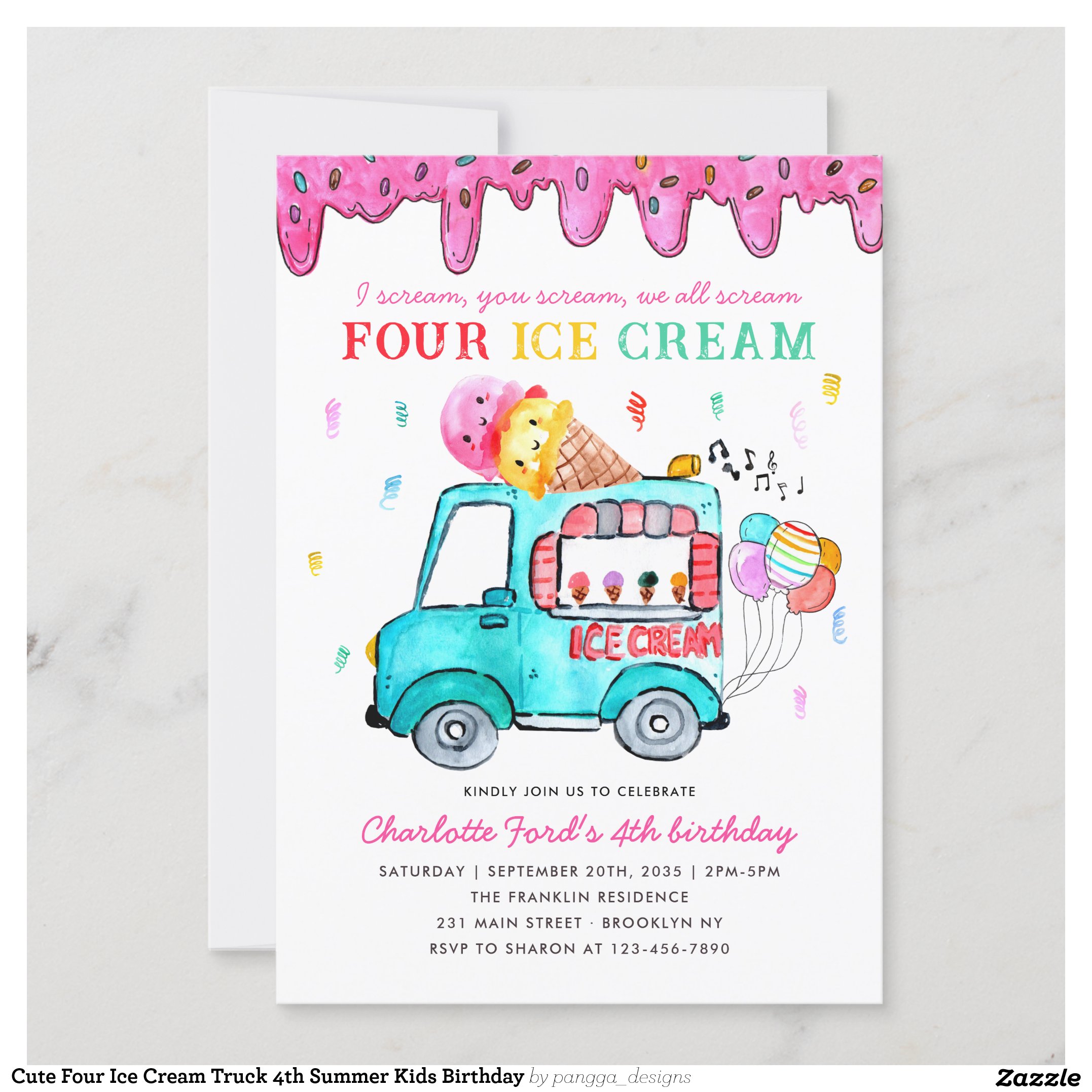 Cute Four Ice Cream Truck 4th Summer Kids Birthday Invitation