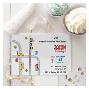 Cute Gray Urban Traffic Boys Birthday Invitation