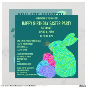 Cute Green Bunny Fun Easter Theme Birthday Invitation