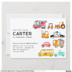 Cute Honk Beep Vroom Transportation Kids Birthday Invitation