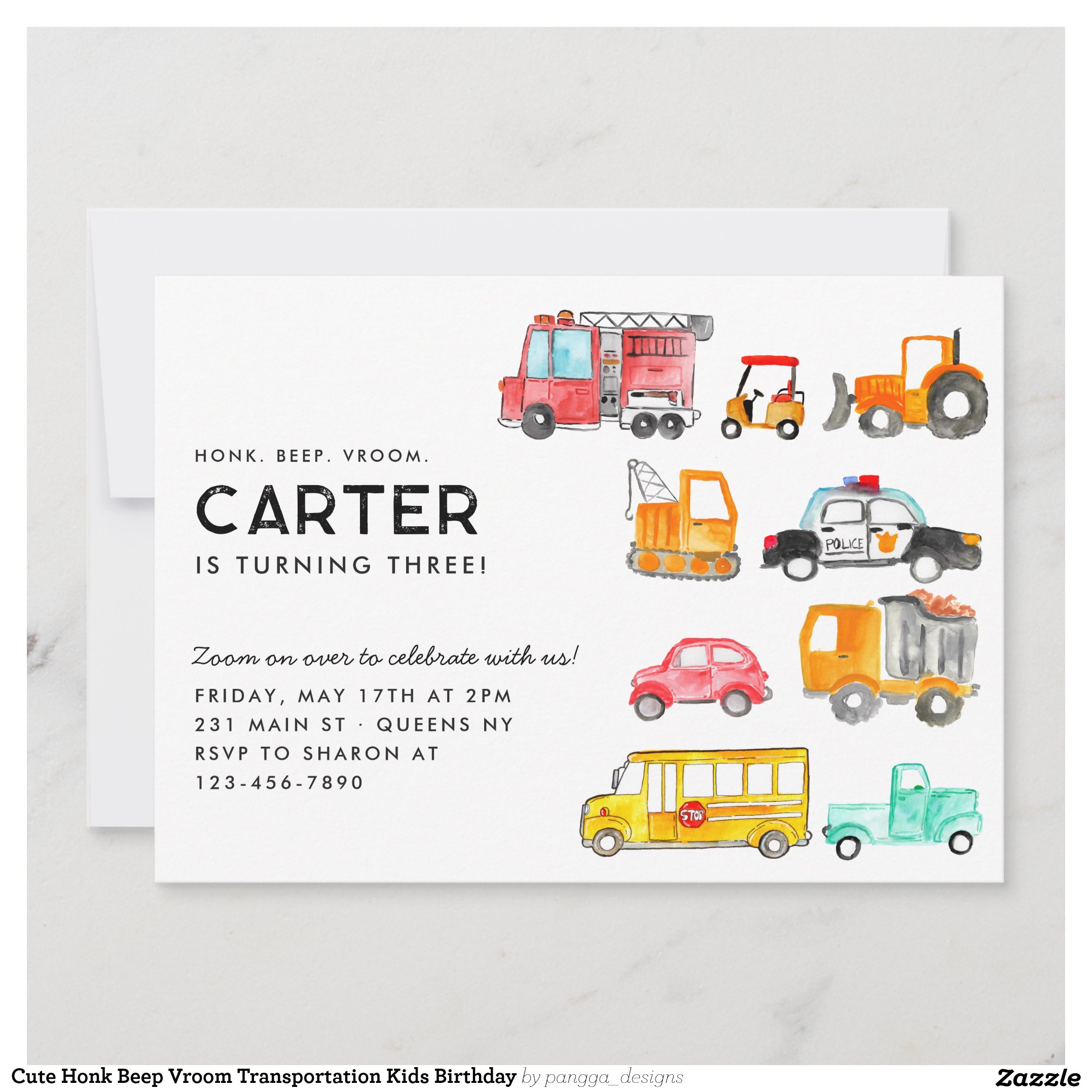 Cute Honk Beep Vroom Transportation Kids Birthday Invitation