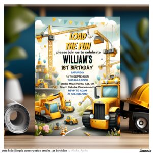 cute kids Simple construction trucks 1st birthday Invitation