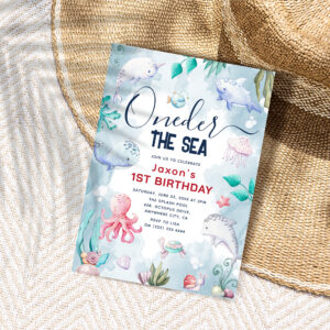 Cute Kids Watercolor Oneder the Sea 1st Birthday Invitation