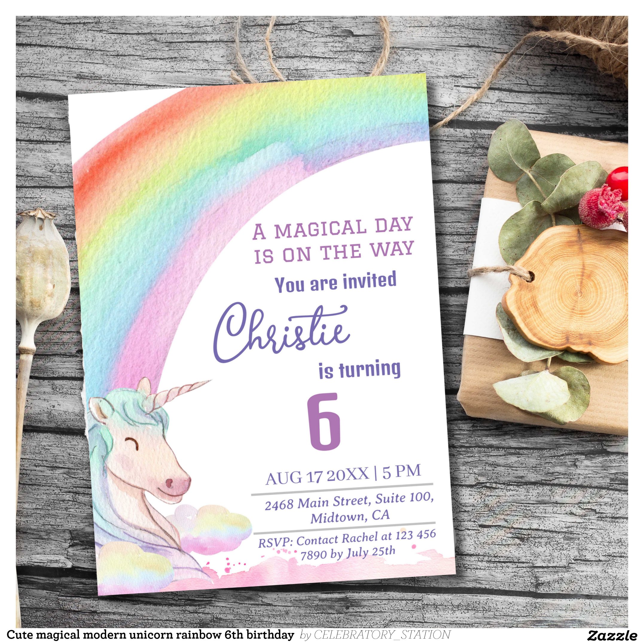 Cute magical modern unicorn rainbow 6th birthday invitation