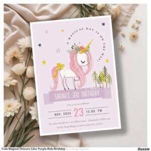 Cute Magical Unicorn Lilac Purple Kids Birthday Invitation