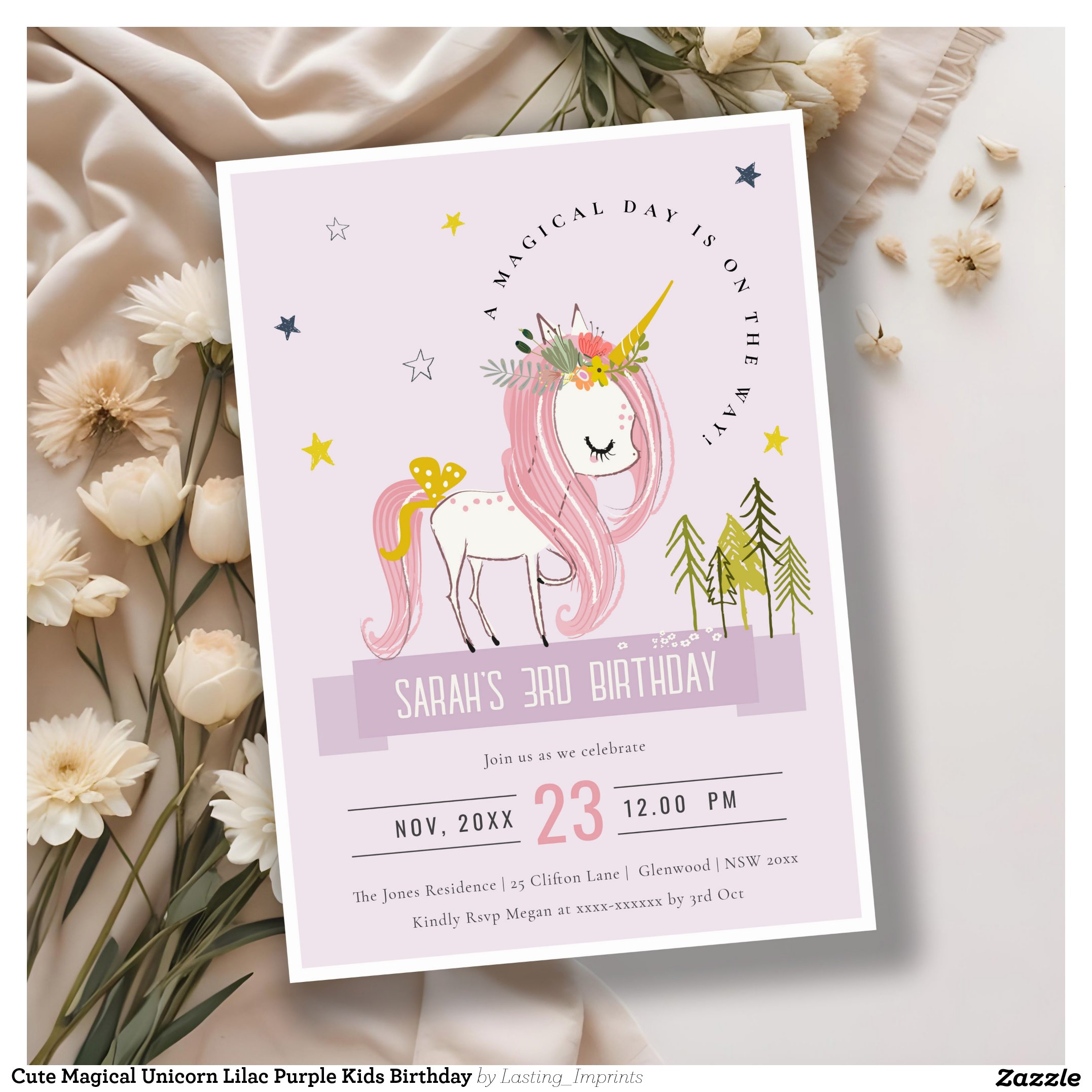 Cute Magical Unicorn Lilac Purple Kids Birthday Invitation