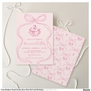 Cute Modern Hand Drawn Bow Pink Girl 2nd Birthday Invitation