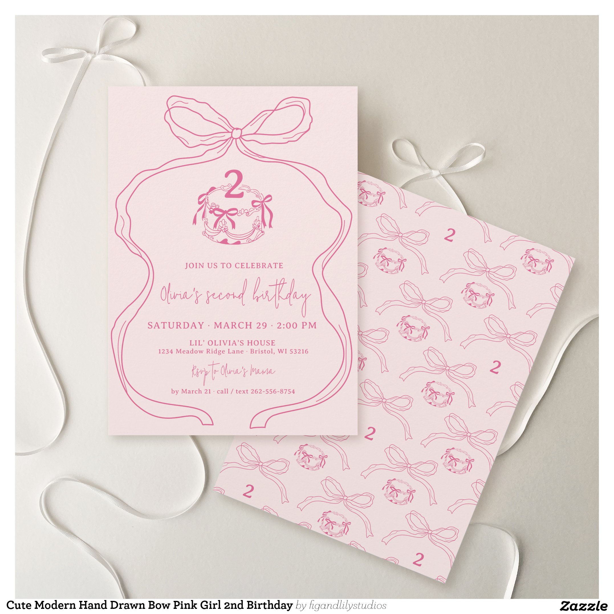 Cute Modern Hand Drawn Bow Pink Girl 2nd Birthday Invitation