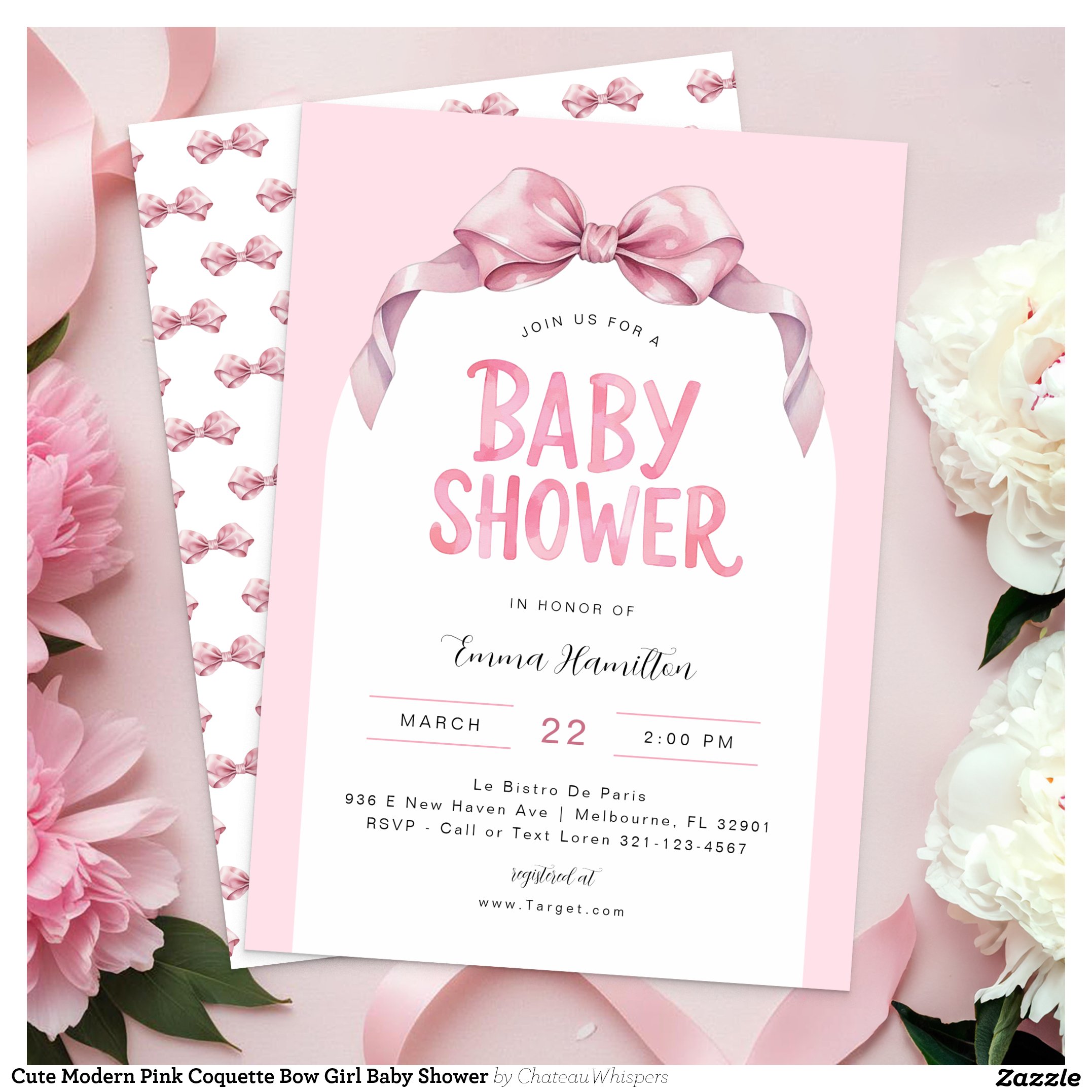 Cute Modern Pink Coquette Bow Girl Baby Shower Invitation