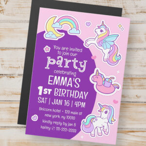 Cute Modern Rainbow Unicorns Kid's Birthday Party Magnetic Invitation