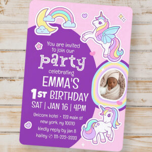 Cute Modern Rainbow Unicorns Kid's Birthday Photo Invitation