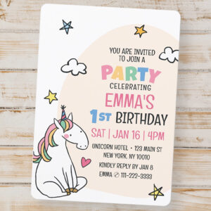 Cute Modern Unicorn and Stars Kid's Birthday Party Invitation