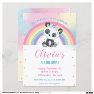 Cute Pandacorn Panda Rainbow Birthday Party Invitation